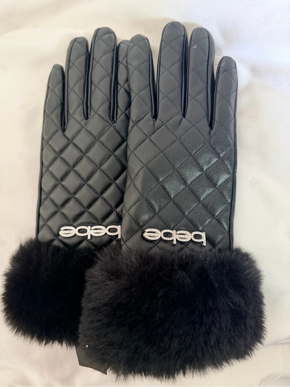 bebe Black Quilted Faux Leather Gloves with Faux Fur Cuff